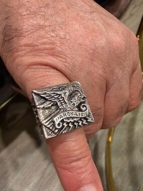 Ed Hardy Silver Square Winged Skull Statement Ring